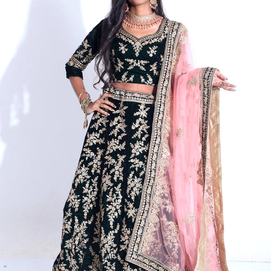 Encanta Women’s Velvet Green Embroidered Lehenga with Pink Dupatta