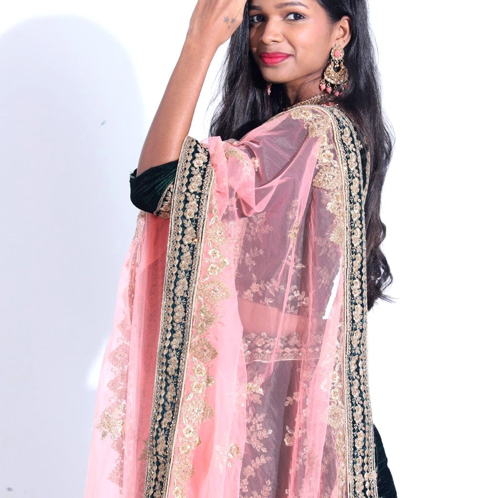 Encanta Women’s Velvet Green Embroidered Lehenga with Pink Dupatta
