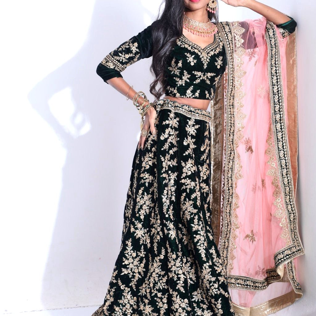 Encanta Women’s Velvet Green Embroidered Lehenga with Pink Dupatta