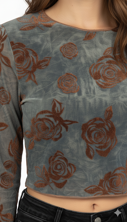 Women's Floral Velvet Crop Top, Long Sleeve, Black, Mesh Details, Rose Pattern