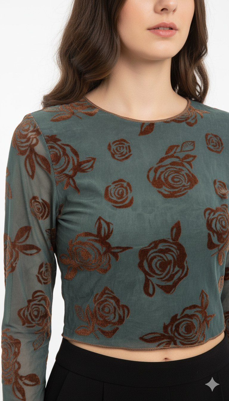 Women's Floral Velvet Crop Top, Long Sleeve, Black, Mesh Details, Rose Pattern