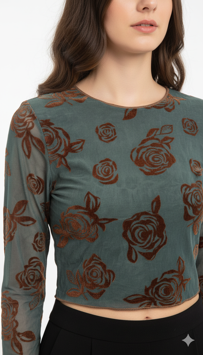 Women's Floral Velvet Crop Top, Long Sleeve, Black, Mesh Details, Rose Pattern