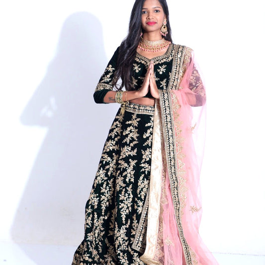 Encanta Women’s Velvet Green Embroidered Lehenga with Pink Dupatta